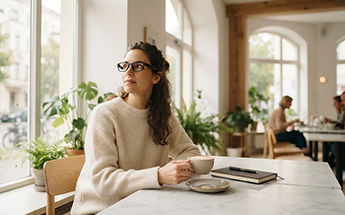 Reisender mit AR-Brille in einem hellen Berliner Café